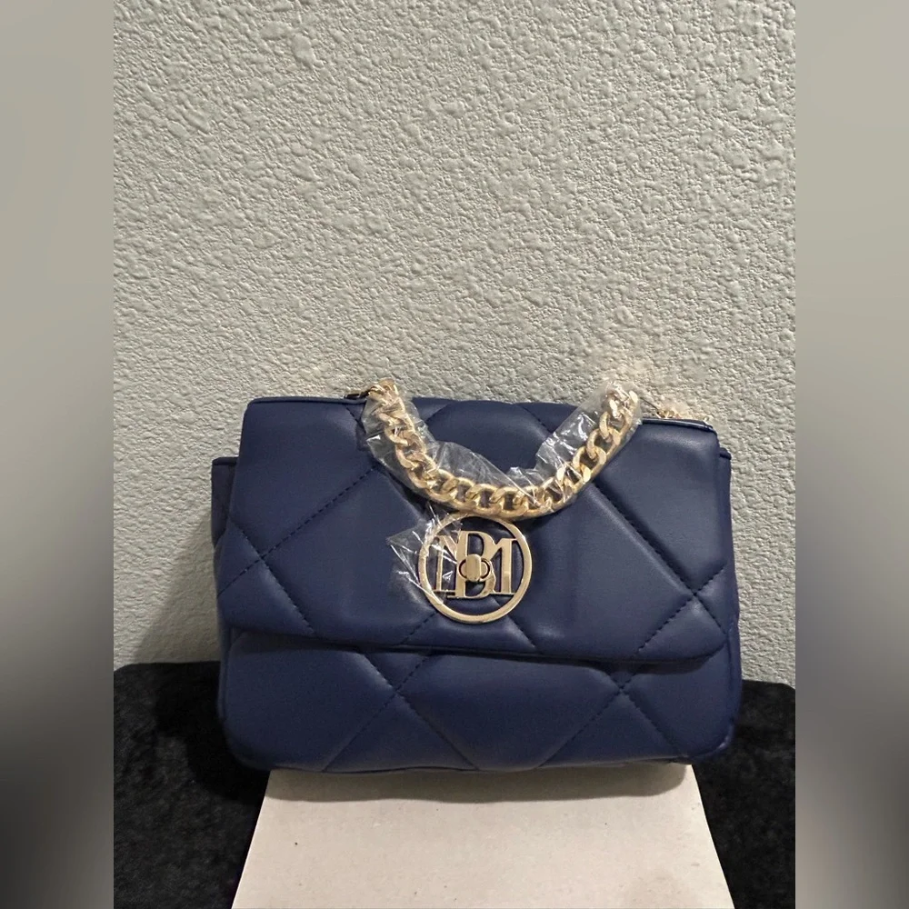 Badgley Mischka Quilted Navy Mini Bag – NWT, Elegant Gold Chain